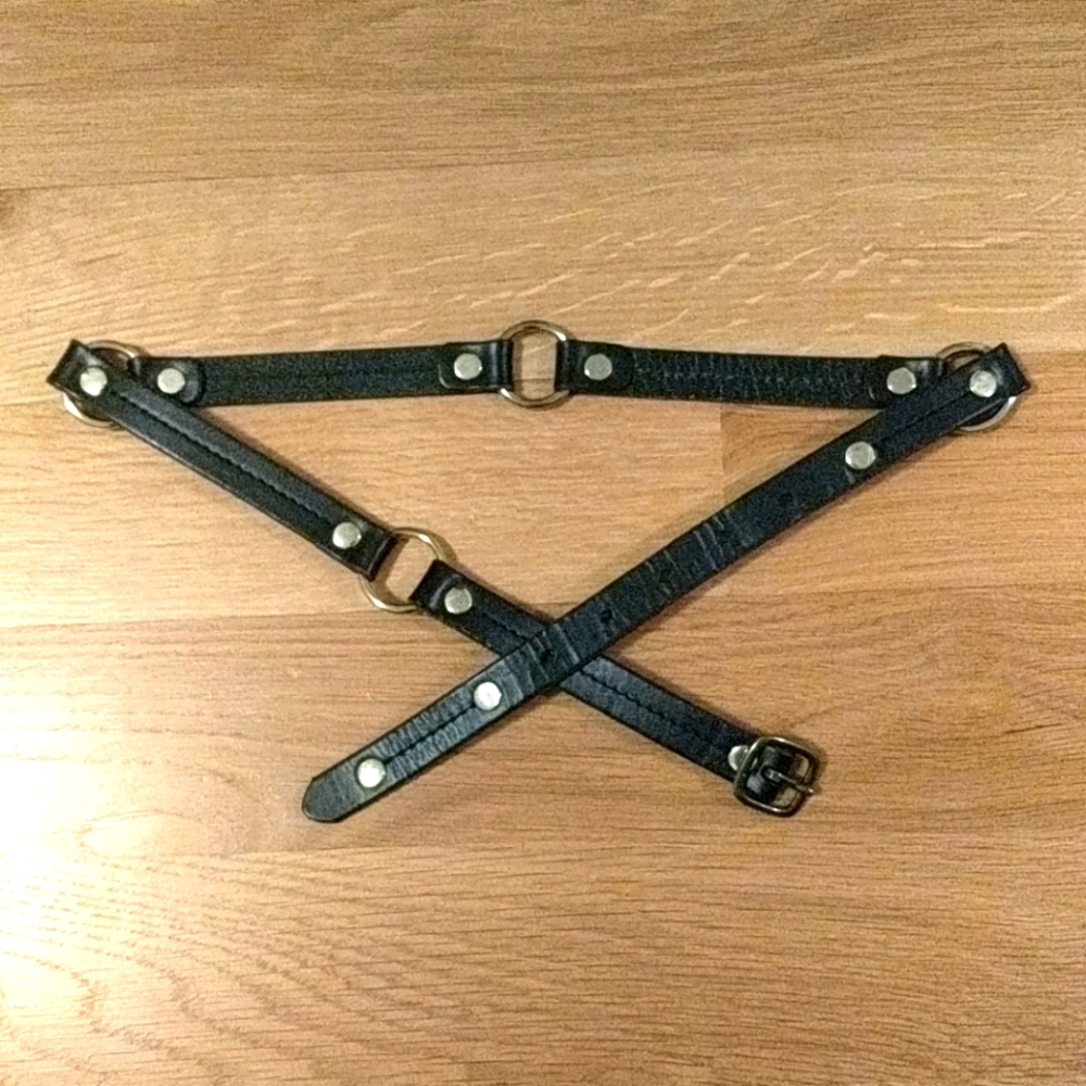 Black leather belt with gold ring hardware details